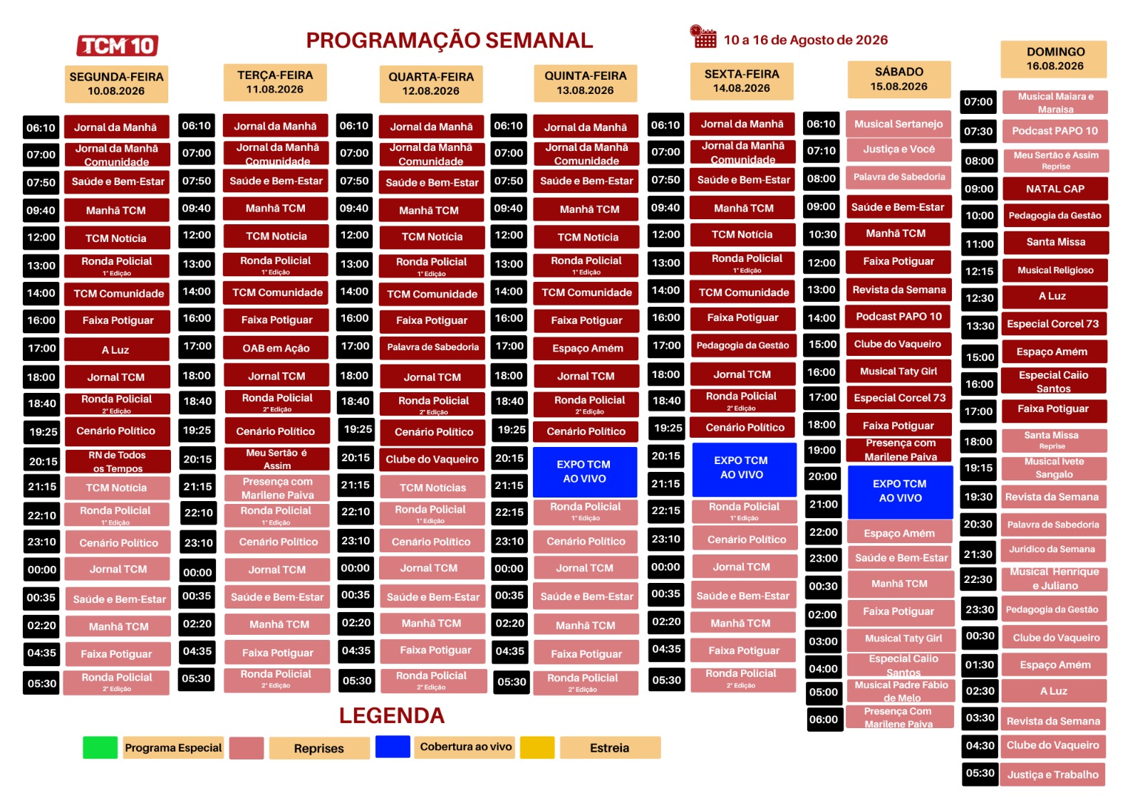 Grade de programação semanal da TV TCM10 Play